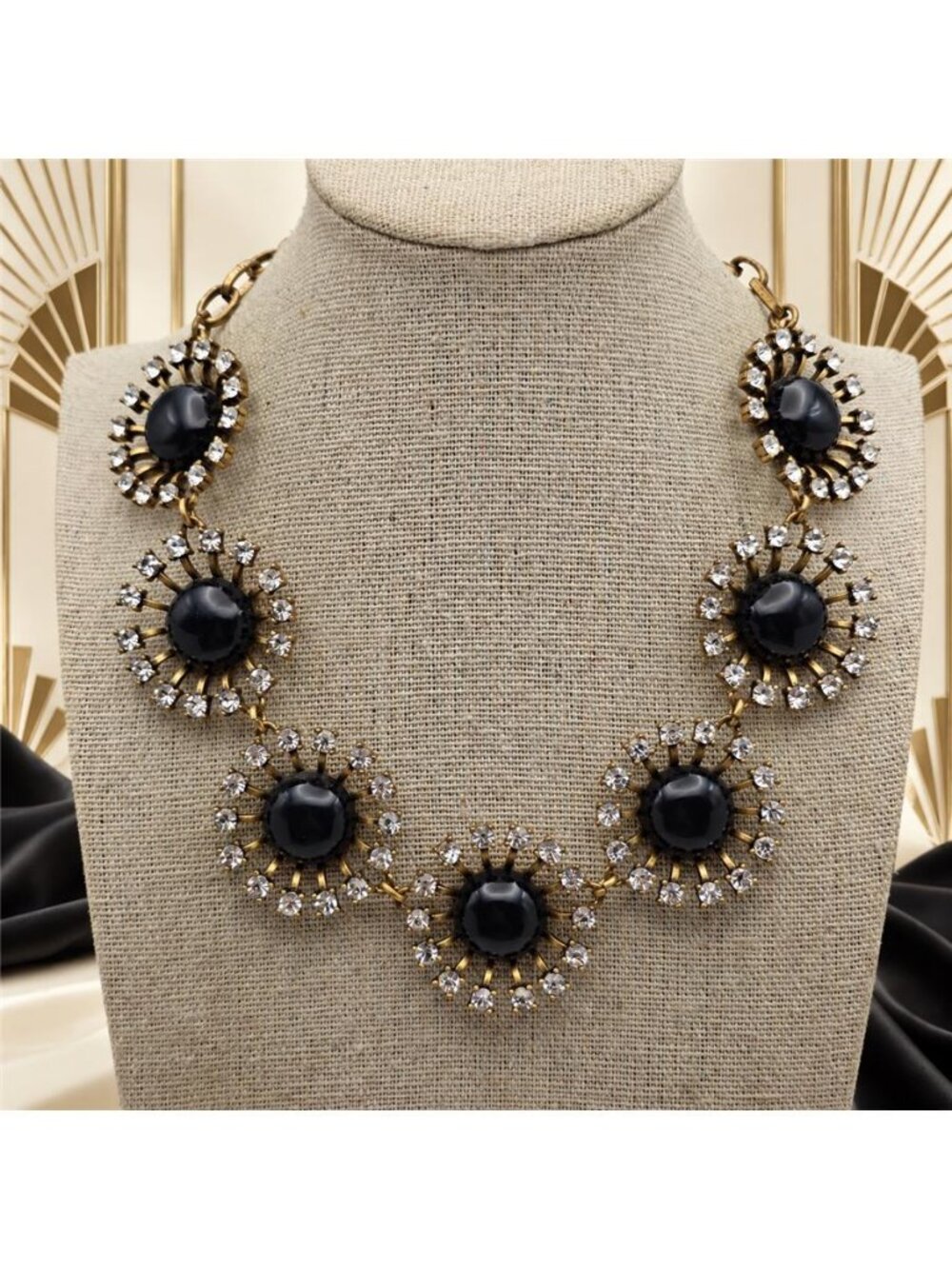 J.Crew Black Sunburst Medallion Crystal Statement Necklace Brass Tone Adjustable